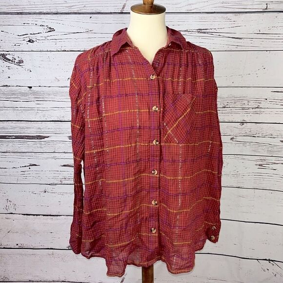 Free People Break My Stride Button Down Plaid Long Sleeve Top - Picture 2 of 7